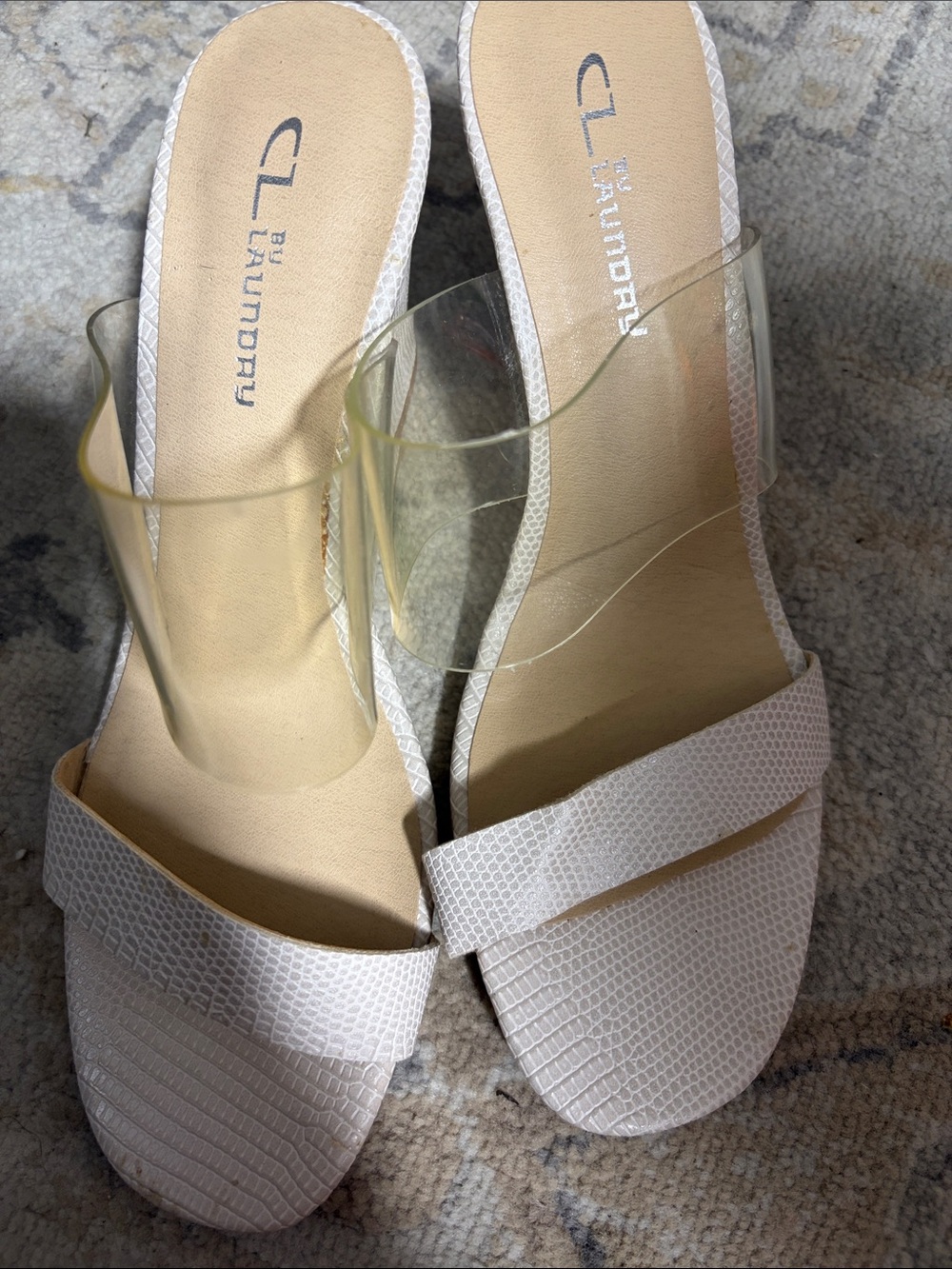 CL by Laundry Cream Textured Toe & Clear Strap Slide Mules